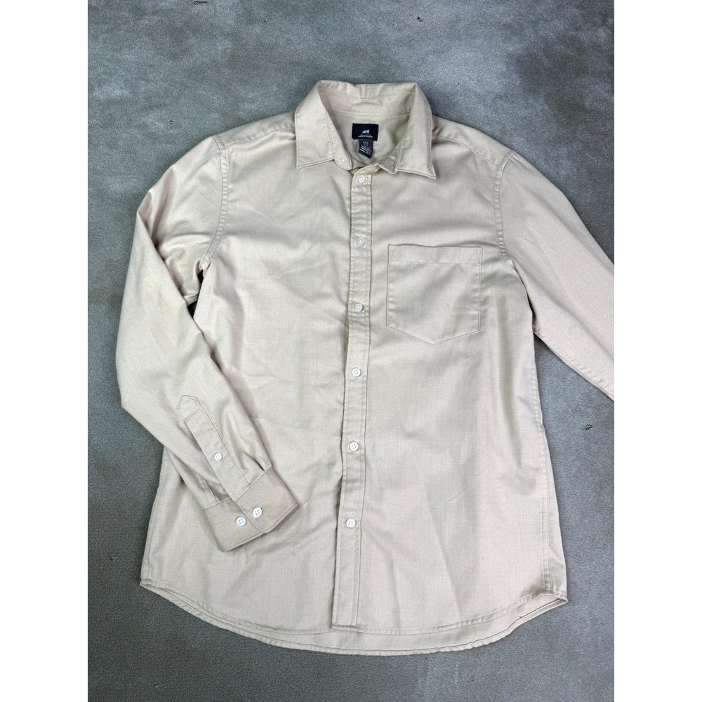 H&M Shirt Mens Medium Beige Tan Natural Stretch Regular Fit Casual Button Up